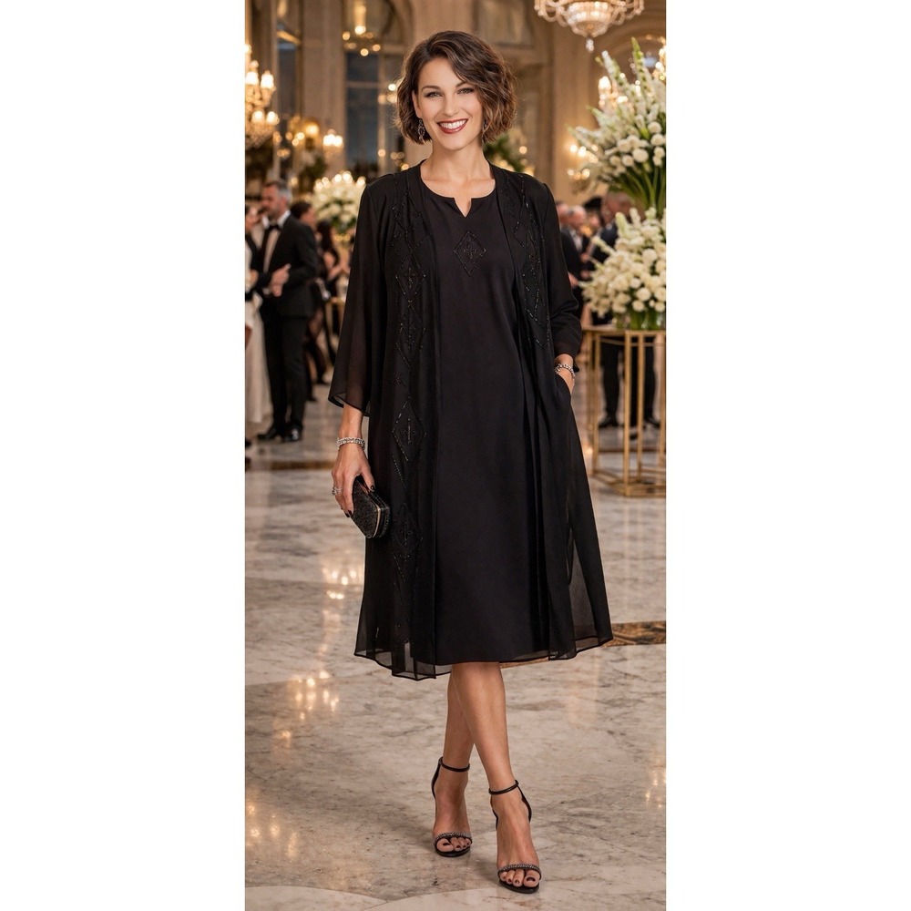 Formal Black Dress Women 14W 2pc Sheath & LS Duster bead Embroidered Classic